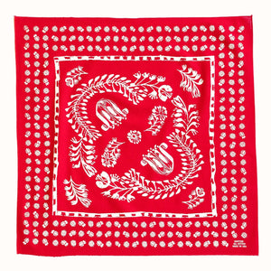 red hand printed bandana with flowers