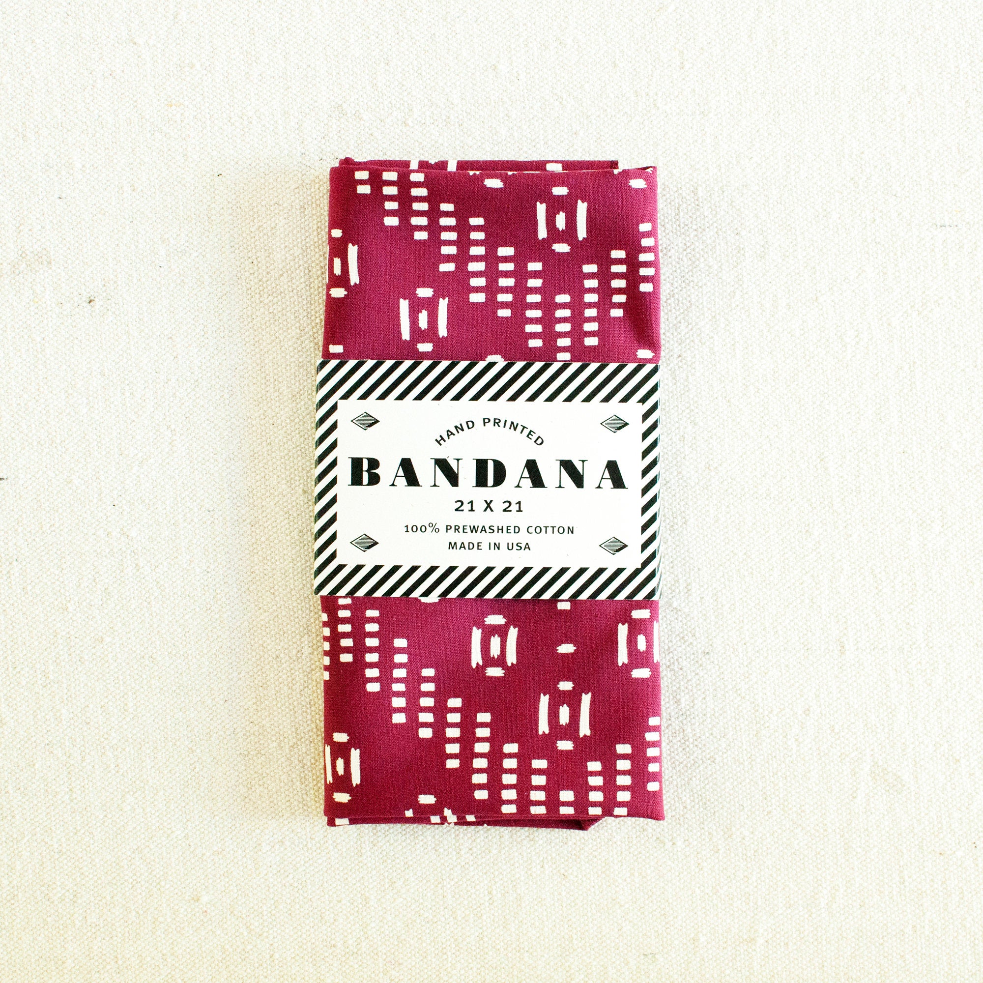 hand printed burgundy and white zig zag bandana packaged
