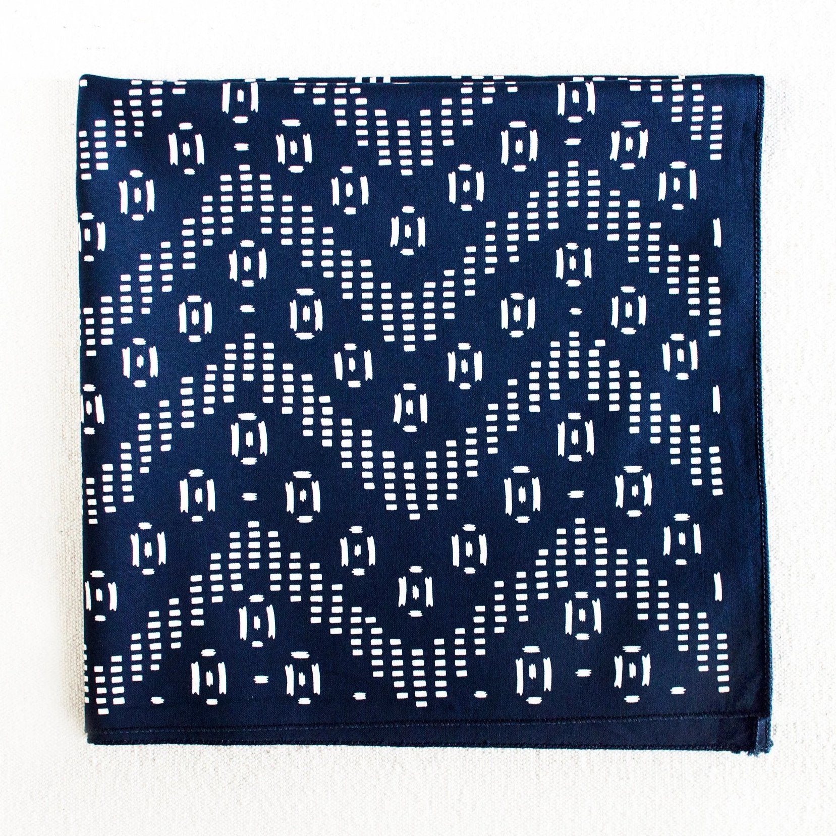 blue and white patterned bandana scarf